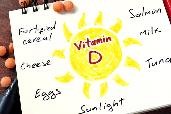 Notepad with vitamin d and pills on the table.