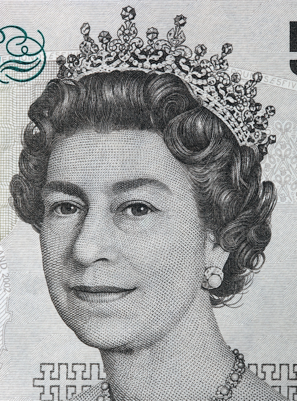 Queen Elizabeth II portrait on 5 pound sterling banknote. British currency